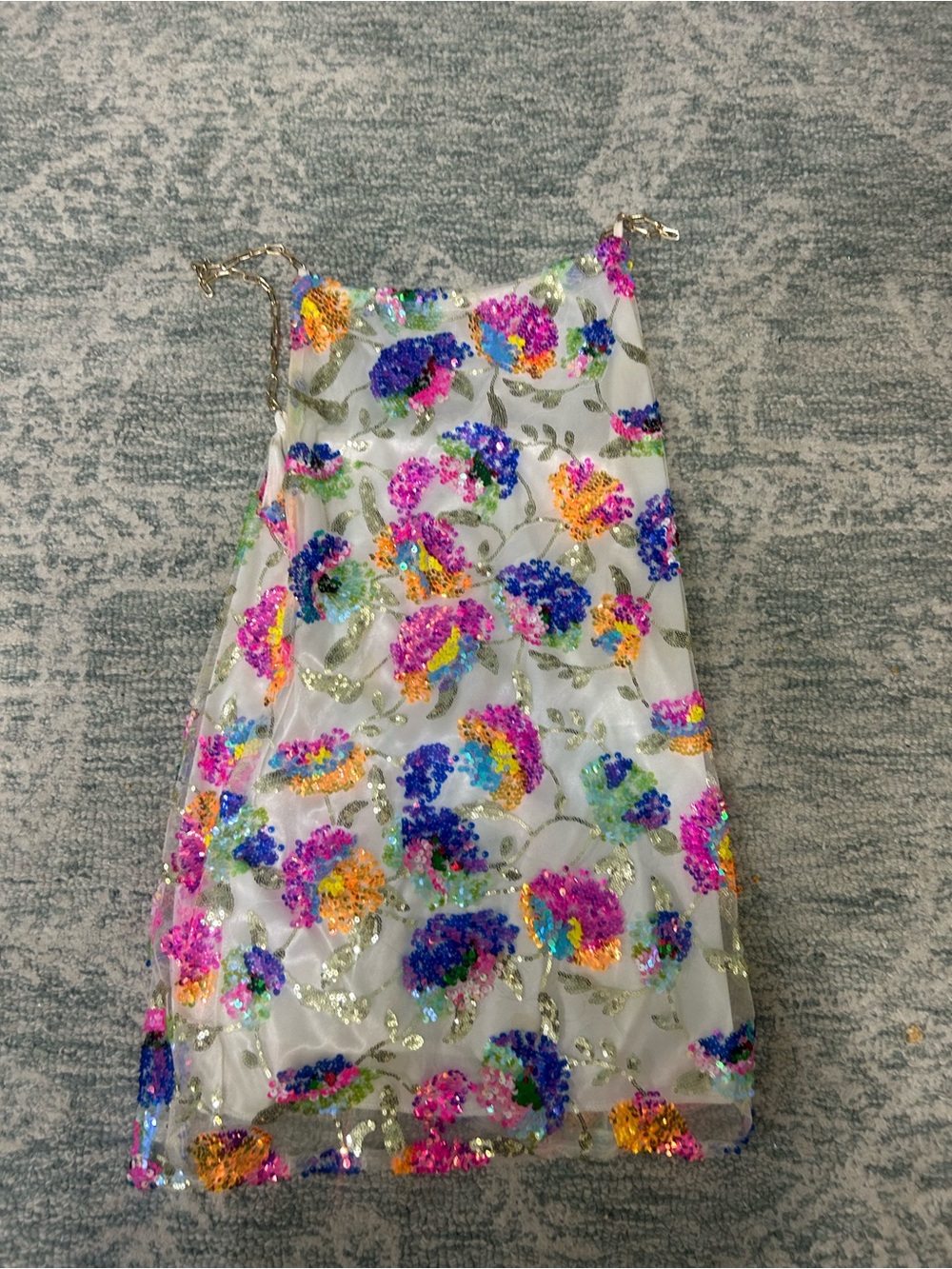 White Sequin Floral Party Dress with Multicolor Embellishment